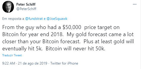Em 2019, Schiff disse que o BTC nunca chegaria a 50 mil.