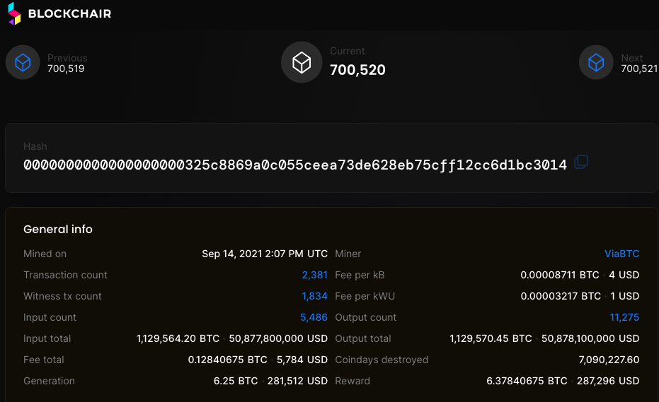 Bloco movimentou quantia bilionria em BTC. Fonte: Blockchair.