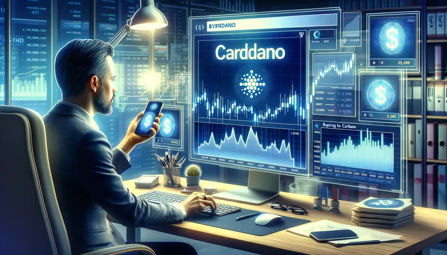 Um investidor está sentado em sua mesa de escritório em casa, concentrado em frente a um computador. Na tela, há gráficos financeiros e símbolos de criptomoedas, com destaque para o logo da Cardano. Ao seu lado, o investidor segura um smartphone, onde também analisa o crescimento de preço da Cardano. O ambiente reflete uma mistura de profissionalismo com estratégia de investimento pessoal, com uma vibe moderna e tecnológica.