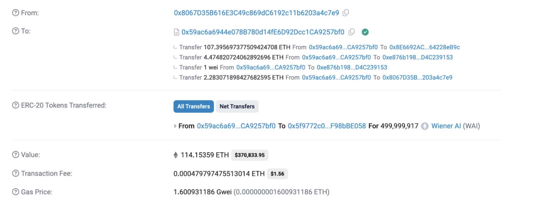 Transação de 114,15 ETH para compra de WienerAI