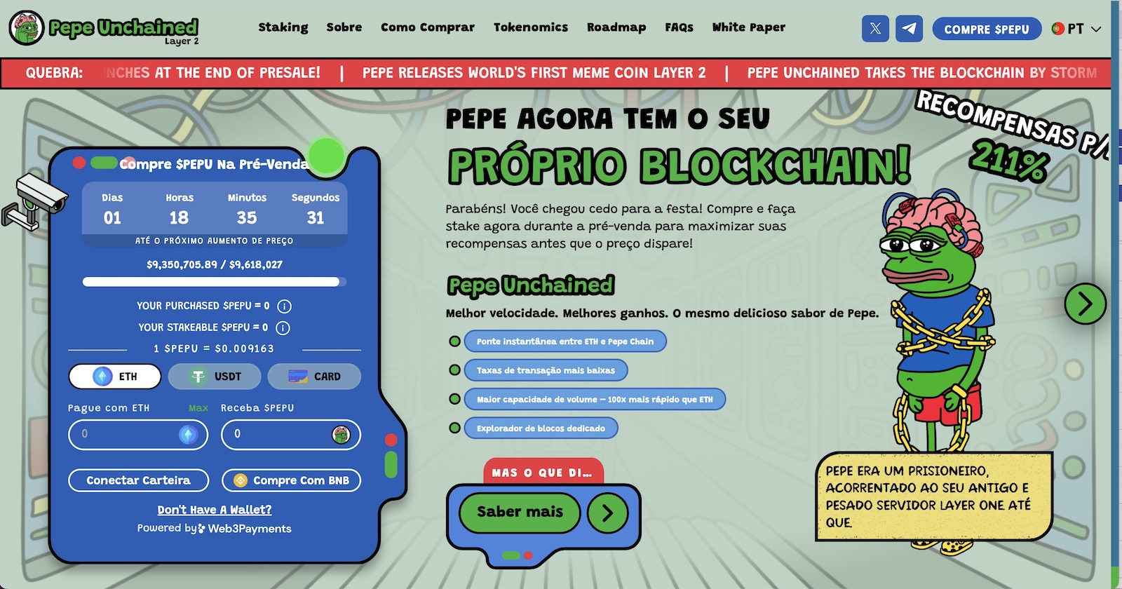 Pré-venda do Pepe Unchained $PEPU ultrapassa os US$ 9 milhões