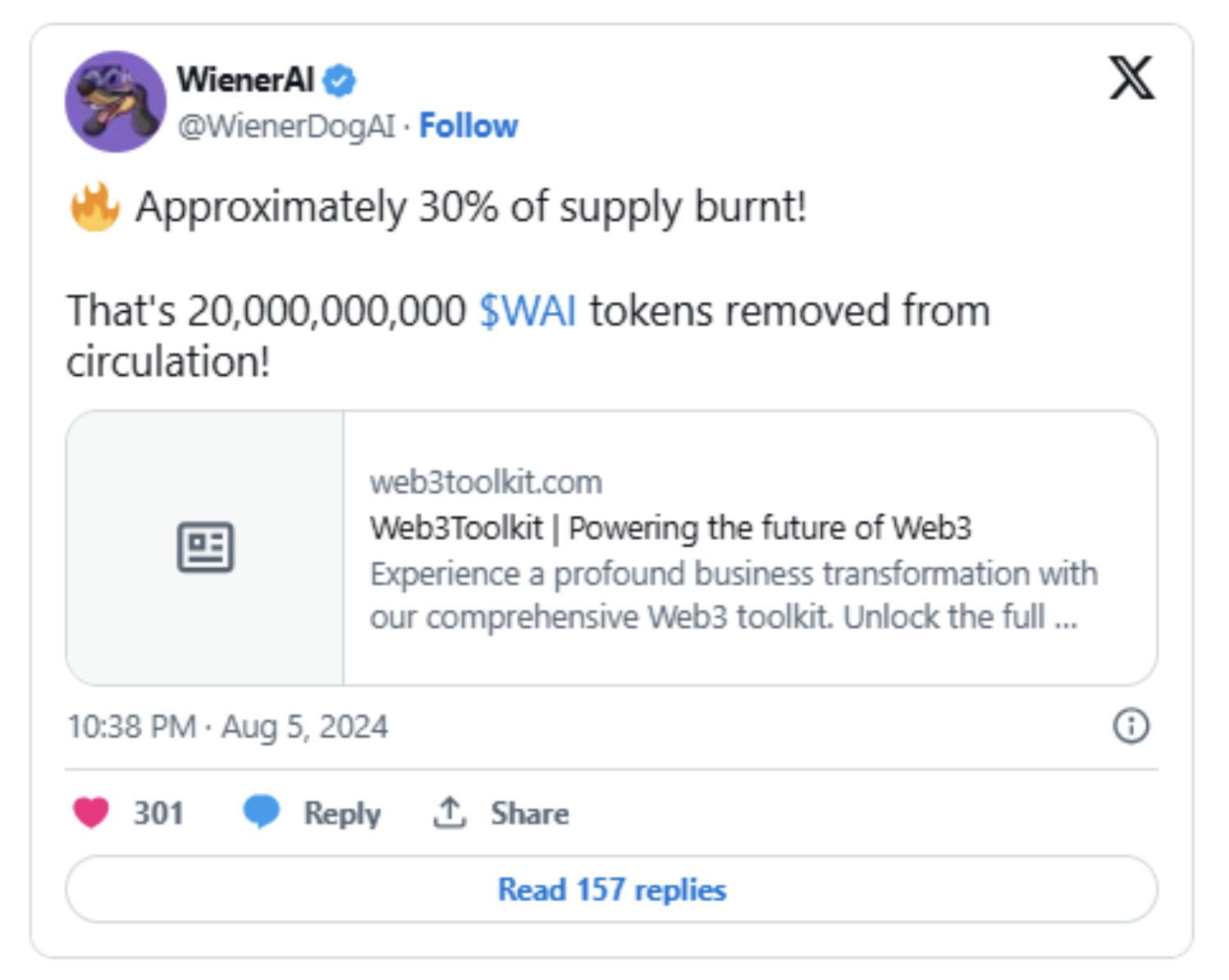 Anúncio no X (Twitter) sobre queima de tokens WienerAI