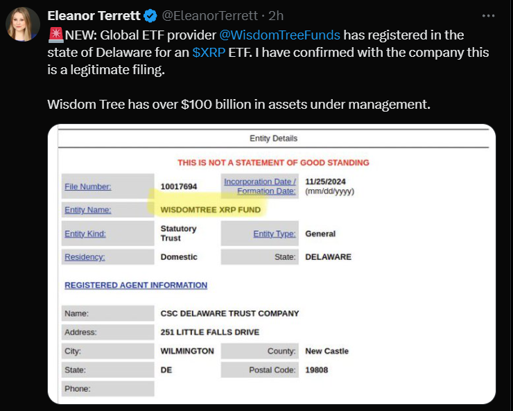 Recorte da imagem do post da jornalista Eleanor a respeito do ETF de XRP da WidsomTree