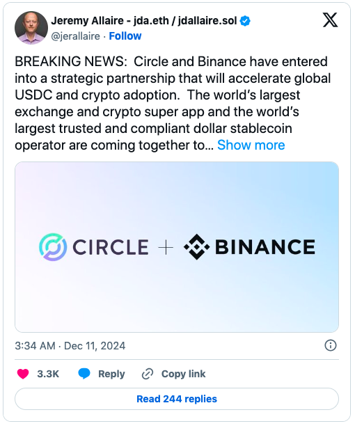 Binance e USDC