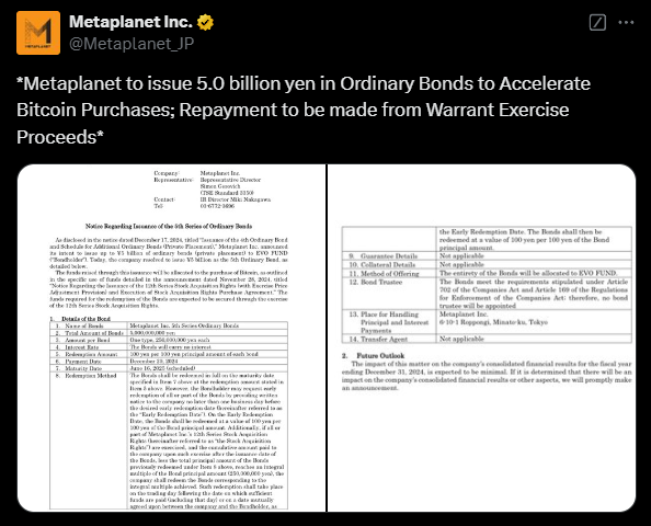 Anúncio da Metaplanet Inc. sobre a emissão da 5ª Série de Títulos Ordinários no valor de 5 bilhões de ienes, com o objetivo de acelerar as compras de Bitcoin. O documento contém detalhes como a data de emissão, os termos dos títulos, e informações sobre o reembolso, que será feito através dos produtos de exercício das opções. A página está dividida em duas partes: a esquerda apresenta dados principais sobre a emissão dos títulos, e a direita traz detalhes adicionais e futuras orientações sobre a situação financeira da empresa. O marco legal e prazos também são mencionados.