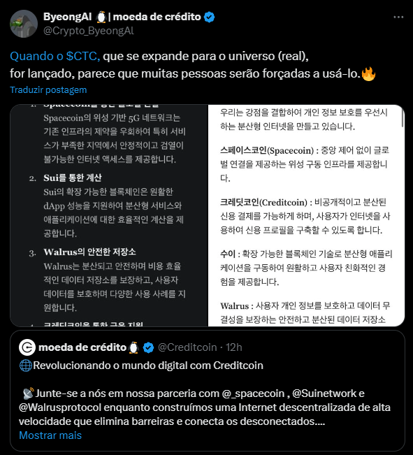 A imagem apresenta um tweet de ByeongAI, que fala sobre a expansão do $CTC (Creditcoin) para o universo real. O conteúdo destacado menciona que, uma vez lançado, parece que muitas pessoas serão obrigadas a utilizá-lo. O tweet inclui referências a parcerias com projetos como Spacecoin e Sui Network, destacando a criação de uma internet descentralizada. Há também uma descrição de três projetos: Spacecoin, Sui e Walrus, cada um focando em aspectos como conectividade 5G, soluções de blockchain e proteção de dados. A imagem é uma captura de tela de um tweet em um ambiente digital, permitindo a comunicação de ideias sobre tecnologia e inovação no espaço blockchain.