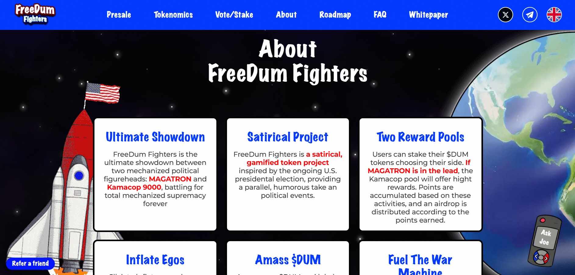 Interface do token FreeDum Fighters, simbolizando a batalha por liberdade no universo das criptomoedas.