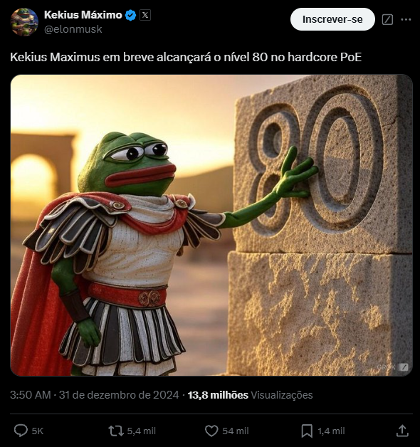 A imagem mostra uma versão do meme Pepe the Frog vestindo uma armadura romana, semelhante a um gladiador, com uma capa vermelha. Ele está em pé, apontando para uma pedra que exibe o número 80, simbolizando um nível no jogo "Path of Exile". Ao fundo, há uma paisagem nebulosa, que sugere um ambiente de jogo ou uma época clássica. O texto acima da imagem diz: "Kekius Maximus em breve alcançará o nível 80 no hardcore PoE", com a data e hora no canto inferior esquerdo indicando 31 de dezembro de 2024 às 3:50 da manhã.