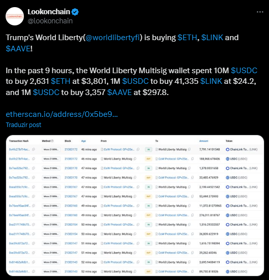 Informações sobre investimentos da World Liberty Finance - Fonte: Lookonchain/X