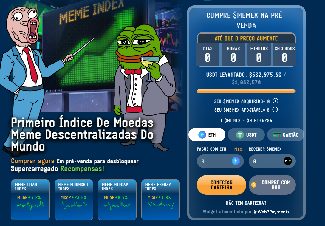 A imagem promove o Meme Index, apresentado como o primeiro índice de moedas meme descentralizadas do mundo. Dois personagens de memes estão em destaque: um deles, com um terno azul e expressão animada, aponta para um gráfico de crescimento digital, enquanto o outro, com a cabeça de sapo (Pepe), usa um smoking e segura uma taça de bebida. Na parte superior, o título "Primeiro Índice De Moedas Meme Descentralizadas Do Mundo" é exibido. A seção à direita contém informações sobre a pré-venda do token MEMEX, que já levantou 532.975,68 de dólares e um cronômetro que mostra o tempo restante para aumento no preço do token. Quatro índices de investimento são listados, cada um com sua capitalização de mercado (MCAP) e gráficos de desempenho, incluindo Meme Titan Index, Meme Moonshot Index, Meme Midcap Index e Meme Frenzy Index.