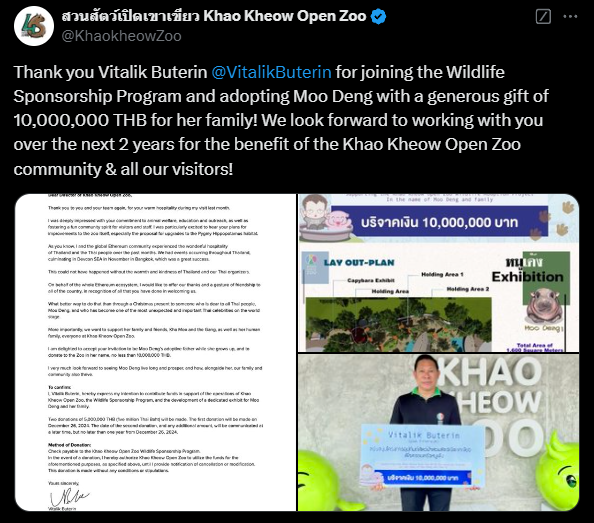 O tweet do Khao Kheow Open Zoo expressa gratidão a Vitalik Buterin por sua participação no Programa de Patrocínio da Vida Selvagem e pela adoção de Moo Deng, fazendo uma generosa doação de 10.000.000 THB para sua família. O zoológico expressa entusiasmo em trabalhar junto com Buterin nos próximos dois anos para o benefício da comunidade do zoológico e de todos os visitantes. A imagem associada mostra Buterin com a placa da doação, além de um layout planejado para a exposição, destacando a importância desse apoio para a conservação e a experiência dos visitantes.