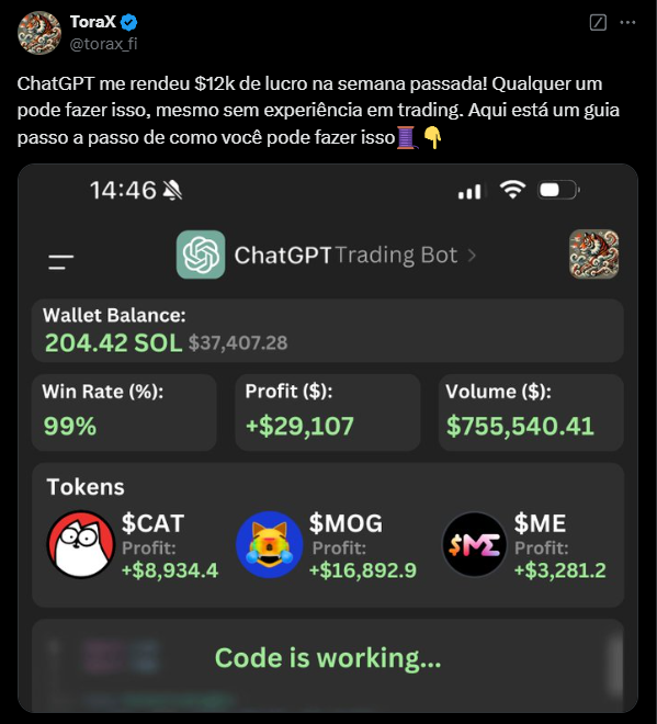 Torax compartilha sua experiência de sucesso no trading com o ChatGPT, revelando que, na semana anterior, conseguiu um lucro de US$12.000. Em sua postagem, ele destaca que qualquer pessoa pode replicar esse resultado, mesmo sem experiência prévia em negociações, e oferece um guia passo a passo para ajudar os interessados. Na imagem, são apresentados detalhes do bot de trading, incluindo um saldo de carteira de 204,42 SOL e um impressionante índice de ganho de 99%, com lucros individuais de diferentes tokens como CAT, MOG e $ME. A mensagem é clara: com as ferramentas certas, o sucesso no mercado de memecoins é acessível a todos.