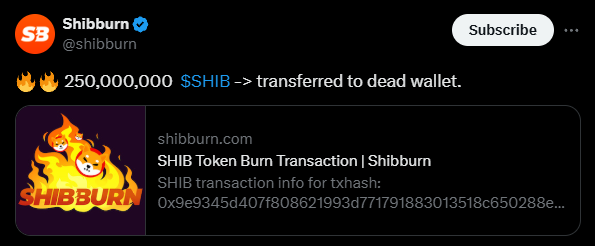 Image avec fond sombre provenant d'un compte Twitter "Shibburn"présentant des informations sur une transaction de gravure de jeton. Le texte souligne que 250 000 000 $SHIB ont été transférés à un "portefeuille mort". Au-dessus du texte, on retrouve un graphique représentant le logo Shiba Inu en flammes, symbolisant la combustion de jetons. Il existe également un lien vers plus d’informations sur la transaction sur shibburn.com.