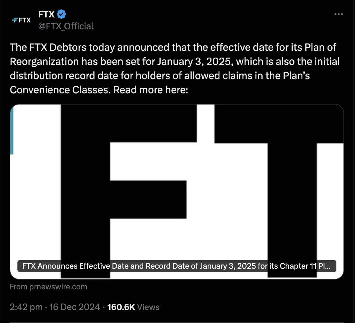 FTX anuncia data-base de início dos pagamentos.