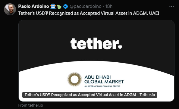 Tweet van Paolo Ardoino, CEO van Tether, ter ere van de recente goedkeuring van Tether USD (USDT) als geaccepteerd virtueel actief (AVA) bij de Abu Dhabi Financial Services Regulatory Authority in de Verenigde Arabische Emiraten. De afbeelding bevat het logo van Tether en de Abu Dhabi Global Market, wat een belangrijke mijlpaal symboliseert voor de innovatie van Tether en digitale activa in de regio.