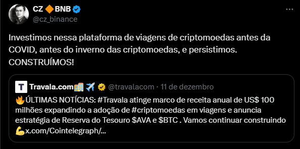 Imagem de um tweet de CZ, o CEO da Binance, que fala sobre a plataforma de viagens em criptomoedas, Travala. No tweet, ele menciona o investimento na Travala antes da pandemia de COVID-19 e durante os desafios no mercado de criptomoedas. Ele enfatiza a importância de construir e perseverar. O comunicado também destaca que a Travala atingiu um marco significativo ao registrar uma receita anual de US$100 milhões.