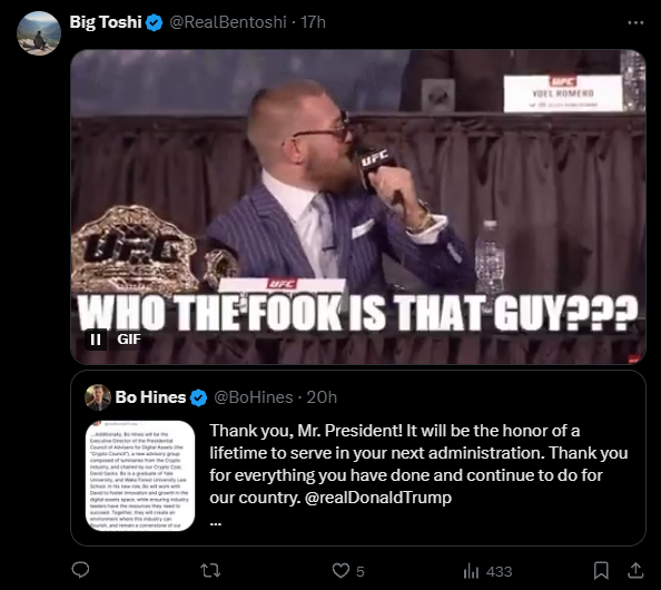 Imagem de um evento de luta no UFC, onde um lutador conhecido, vestido com um terno listrado, gesticula enquanto fala ao microfone. Ele expressa perplexidade com a frase "WHO THE FOOK IS THAT GUY???" em letras grandes. Abaixo, um tweet de Bo Hines agradece ao presidente, expressando sua honra em servir na próxima administração. O tweet inclui um agradecimento pelas realizações do presidente para o país.