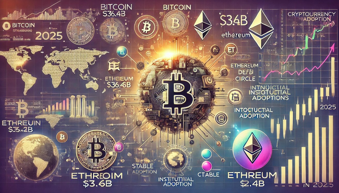 Imagem informativa sobre a adoção de criptomoedas em 2025, destacando Bitcoin e Ethereum, com dados de mercado e gráficos.