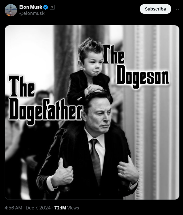 Imagem em preto e branco de Elon Musk, vestido de terno, carregando uma criança nos ombros. Na parte superior da imagem estão os textos "The Dogefather" e "The Dogeson" em fonte grande e estilizada, remetendo ao famoso filme "O Poderoso Chefão". A expressão de Musk reflete seriedade, enquanto a criança tem uma expressão neutra. O fundo apresenta um ambiente interno, possivelmente uma sala oficial.