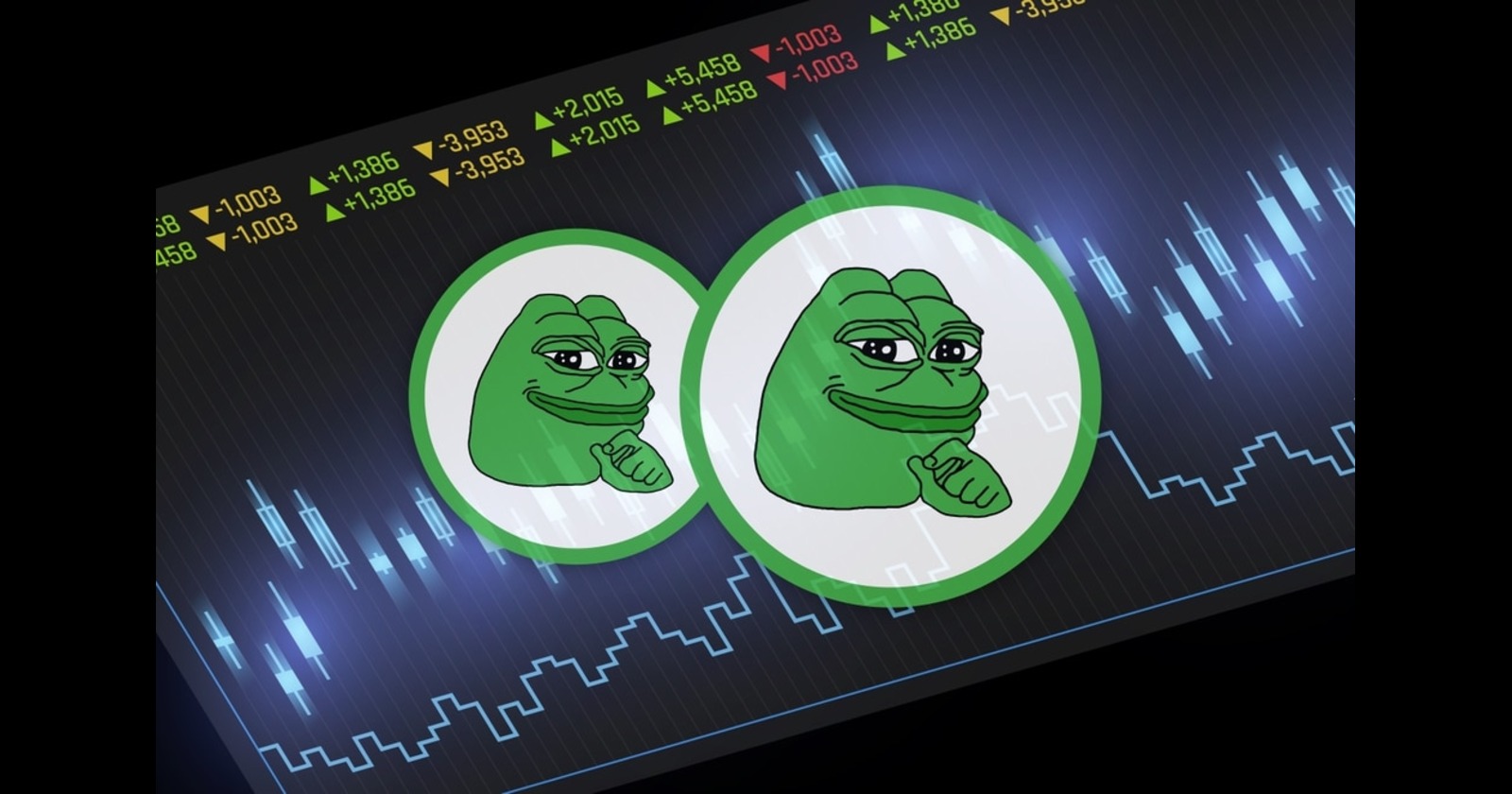 Imagem de Pepe, o sapo, em um fundo de gráficos financeiros, expressando uma ideia curiosa sobre as melhores criptos para comprar na baixa.