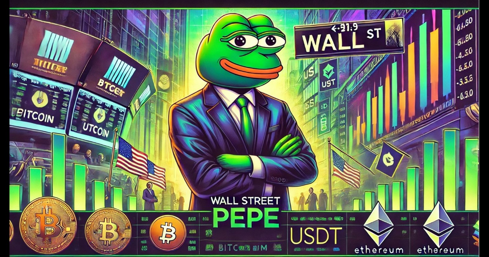 Imagem artística de Pepe, o sapo, vestido de terno em um ambiente de Wall Street, destacando o mercado de criptomoedas com gráficos de Bitcoin e Ethereum.