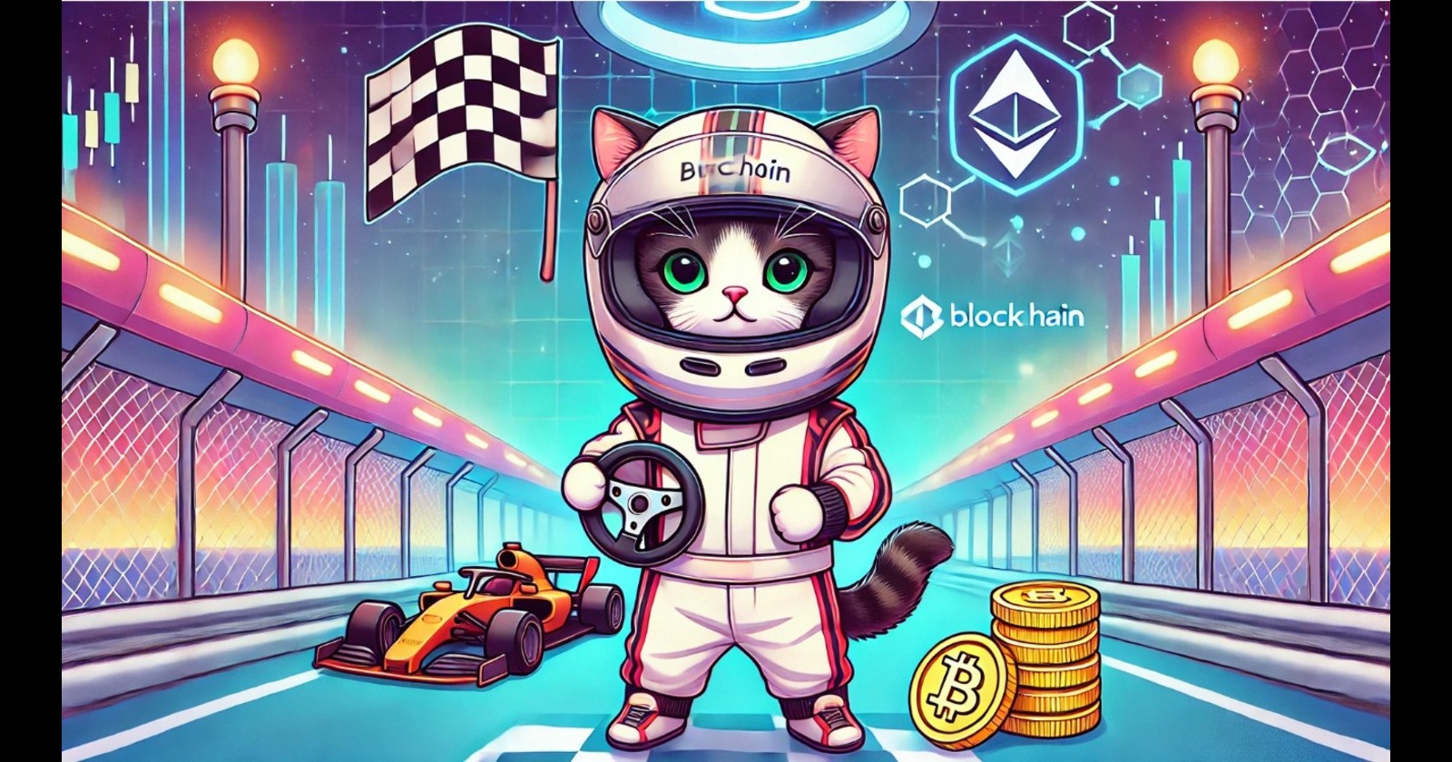 Imagem de um gato cartoon vestido como piloto de corrida, segurando um volante em um cenário digital, representando o mundo da blockchain e criptomoedas, como Race to a Billion