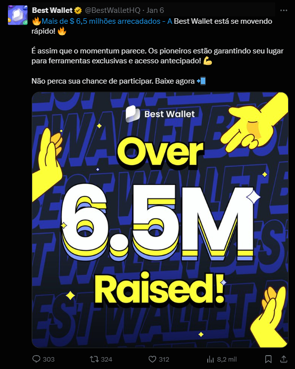 A imagem destaca um anúncio dinâmico da Best Wallet, mostrando um fundo azul escuro com palavras em amarelo vibrante. No centro, há um grande texto branco que informa "Over 6.5M Raised!" (Mais de 6,5 milhões arrecadados!). Duas mãos estilizadas em amarelo estão se estendendo para fora, simbolizando a inclusão e a oportunidade. O slogan de fundo repete o nome "Best Wallet", enfatizando a identidade da marca. O tom geral é energizante e convidativo, refletindo um senso de urgência e animação sobre a participação no projeto.