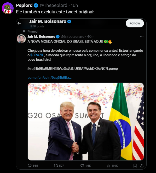 A imagem representa um tweet que foi excluído, onde Jair M. Bolsonaro anuncia uma nova moeda oficial do Brasil chamada $BRAZIL. No tweet, Bolsonaro se encontra com Donald Trump, ambos sorrindo e apertando as mãos em um ambiente formal. Ao fundo, vemos bandeiras do Brasil e dos Estados Unidos, simbolizando a aliança entre os dois países. O tweet destaca um chamado à celebração e promove a nova moeda como um símbolo de orgulho e liberdade para o povo brasileiro.