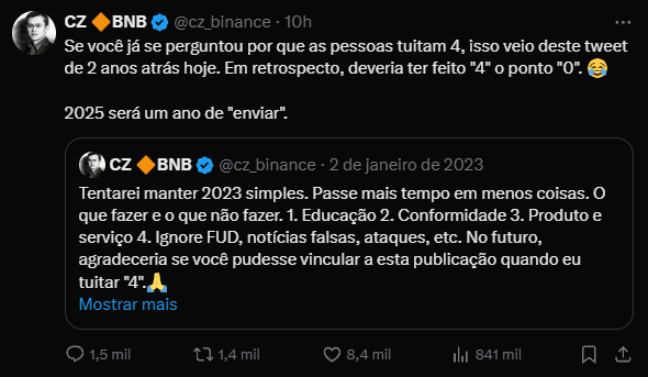 Na última sexta-feira, Changpeng "CZ" Zhao, ex-CEO da Binance, surpreendeu a comunidade cripto ao afirmar que 2025 será um ano de "enviar", refletindo seu otimismo após um período tumultuado que incluiu sua prisão. A declaração reativa o movimento anti-FUD, simbolizado pelo número "4", e promete um novo desafio para investidores em um mercado que dobrou de tamanho em 2024, indicando que a vigilância contra desinformação será crucial no próximo ano.