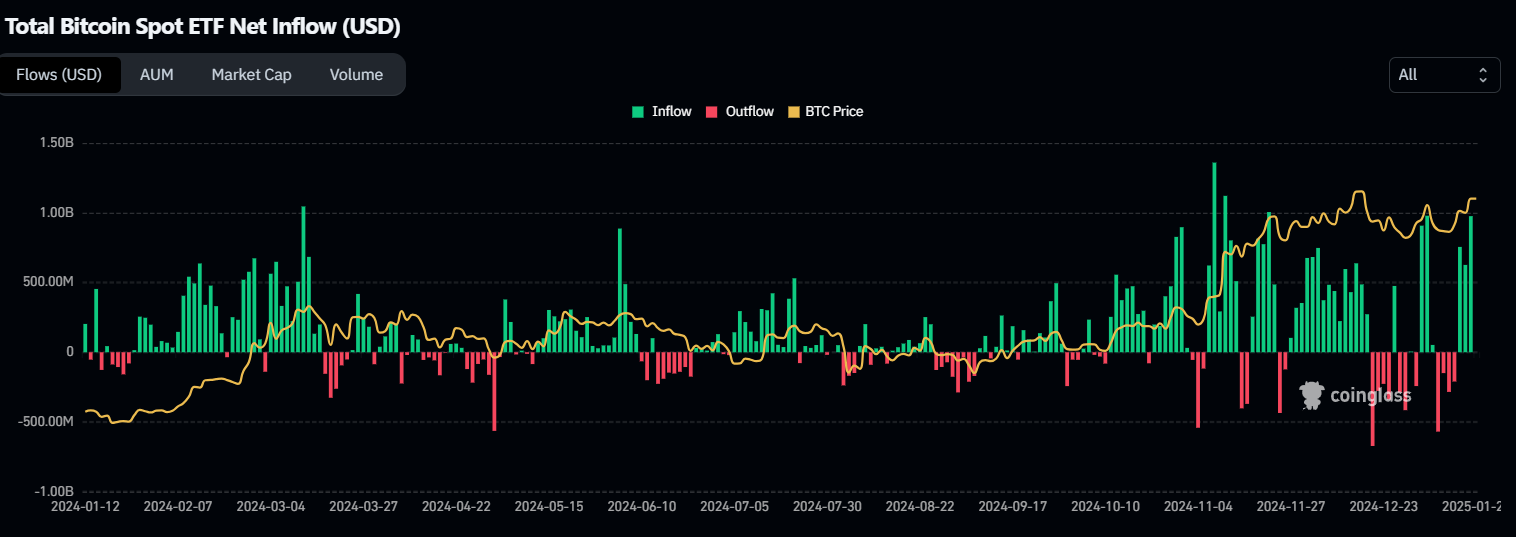 Fluxo de ETFs de Bitcoin nos EUA. Fonte: Coinglass