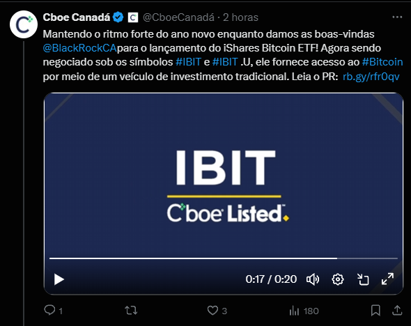 O texto alternativo para a imagem apresenta um fundo escuro com o logo da Cboe Canada no canto superior. No centro, destaca-se a palavra "IBIT" em letras grandes e maiúsculas, acompanhada pela frase "Cboe Listed" logo abaixo. O design visual transmite uma mensagem de novidade e destaque, refletindo a importância do lançamento do iShares Bitcoin ETF, que oferece uma forma tradicional de acesso ao investimento em Bitcoin.