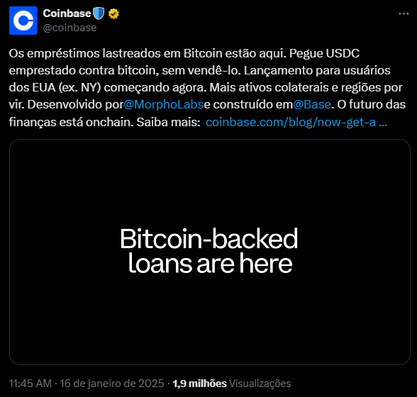 De afbeelding heeft een donkere achtergrond met witte tekst met de tekst "Door Bitcoin ondersteunde leningen zijn er"waarbij de nieuwigheid van door Bitcoin ondersteunde leningen wordt benadrukt. De tweet van Coinbase kondigt aan dat gebruikers USDC tegen Bitcoin kunnen lenen zonder het te hoeven verkopen, wat wijst op een doorbraak in digitale financieringsmogelijkheden.