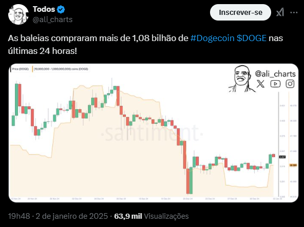 A imagem mostra um gráfico de preços do Dogecoin (DOGE) ao longo de 24 horas, destacado por uma área sombreada que representa a quantidade de moedas negociadas. O gráfico exibe flutuações nos preços, com barras verticais indicando variações significativas. Acima do gráfico, há uma mensagem informando que as baleias compraram mais de 1,08 bilhão de DOGE nesse período. O tweet é de @ali_charts e foi publicado em 2 de janeiro de 2025, com 63,9 mil visualizações.