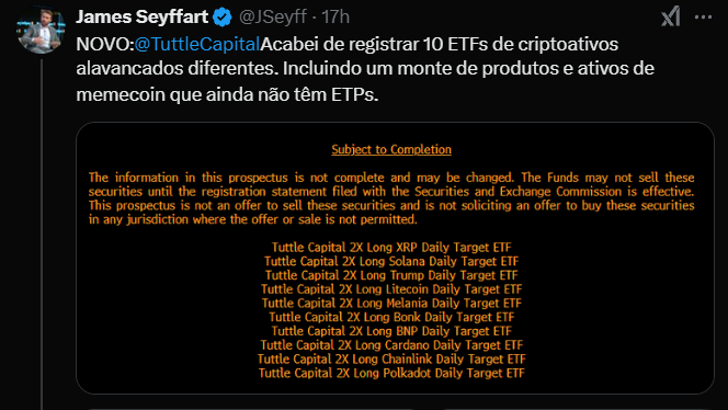 James Seyffart anunciou em um tweet que a Tuttle Capital registrou 10 ETFs de criptomoedas com alavancagem, abrangendo uma variedade de produtos e ativos, incluindo algumas "memecoins" que ainda não possuem Exchange-Traded Products (ETPs). O tweet destaca que esses fundos não podem ser vendidos até que a declaração de registro da Securities and Exchange Commission (SEC) esteja efetiva, e lista os ETFs, como o Tuttle Capital 2X Long XRP Daily Target ETF e o Tuttle Capital 2X Long Solana Daily Target ETF, entre outros. A notificação enfatiza que as informações podem ser alteradas e que o registro está sujeito a conclusão.