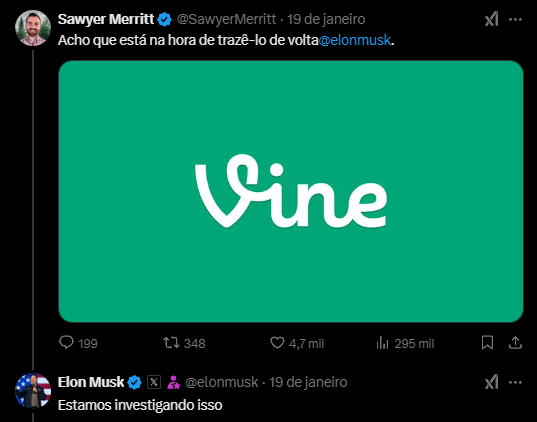 No tweet, Sawyer Merritt expressa sua opinião sobre o retorno do Vine, direcionando uma menção a Elon Musk. Ele sugere que é hora de reintegrar a plataforma, transmitindo um sentimento de nostalgia e a expectativa de que Musk atue nesse sentido. O tweet é encorajado por reações, com um número significativo de interações.