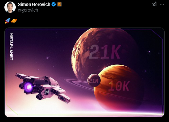 Imagem de um tweet publicado por Simon Gerovich, da Metaplanet. O texto exibe os números "21K" (21 mil) e "10K" (10 mil) em destaque, referindo-se às metas de acumulação de Bitcoin da empresa: 21.000 BTC até 2026 e 20.000 BTC como objetivo intermediário. O nome da empresa "Metaplanet" aparece abaixo, junto ao logotipo. A disposição visual prioriza clareza e impacto, com números em fonte grande e negrita, reforçando o compromisso estratégico com a criptomoeda.