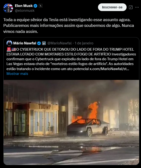 Imagem de um tweet do Elon Musk, onde ele comenta sobre a investigação de um incidente envolvendo um Cybertruck da Tesla. O tweet apresenta uma imagem de um veículo Cybertruck em chamas próximo à entrada do Trump Hotel, em Las Vegas. A imagem mostra fumaça e fogo saindo do carro, com parte da fachada do hotel visível ao fundo. A mensagem destaca a seriedade do incidente e a promessa de mais informações sobre o ocorrido.