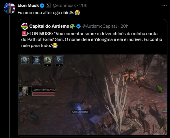 No tweet, Elon Musk expressa seu entusiasmo por seu "alter ego" chinês, referindo-se a uma conversa anterior sobre um jogador chamado Yilongma, que ele confia muito em uma partida do jogo Path of Exile. A postagem destaca a conexão divertida entre Musk e a comunidade de jogos, além de enfatizar a camaradagem em torno do jogador mencionado. A imagem acompanhando o texto mostra elementos do jogo, incluindo uma interface de jogo típica, levando a uma sensação de humor e leveza na discussão.