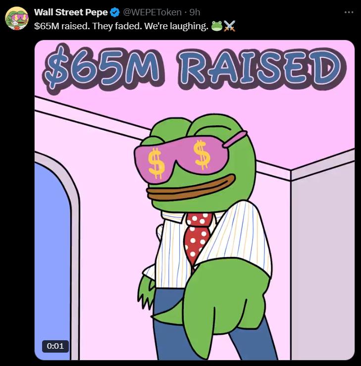 O tweet celebra a impressionante marca de 65 milhões de dólares arrecadados na pré-venda de tokens, utilizando uma imagem divertida que apresenta o famoso personagem Pepe, um sapo. Vestido de maneira elegante com uma camisa listrada e uma gravata vermelha com bolinhas, Pepe transmite uma sensação de sucesso. Seus óculos de sol rosa adornados com símbolos de dólar reforçam o tema de riqueza. O tom do tweet é de celebração, com um ar de ironia e satisfação sobre a conquista, sugerindo que aqueles que estavam céticos ou duvidosos "desapareceram". O ambiente da imagem, com cores pastéis, adiciona um toque leve e divertido à comemoração da arrecadação significativa.