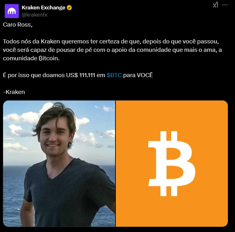 Mensagem da Kraken dirigida a Ross Ulbricht, expressando apoio da comunidade Bitcoin após suas dificuldades, mencionando uma doação de US$ 111.111 em BTC. A imagem mostra um homem sorridente em primeiro plano, ao lado do logotipo do Bitcoin em fundo laranja.