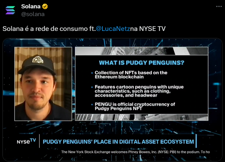 A imagem é uma captura de tela de uma apresentação em vídeo onde Luca Netzna, um apresentador, aparece à esquerda, falando sobre os "Pudgy Penguins", uma coleção de NFTs baseada na blockchain Ethereum. À direita, há uma lista destacando que os Pudgy Penguins apresentam pinguins em estilo cartoon com características únicas, como roupas e acessórios, e que a criptomoeda oficial desse projeto é chamada PENGU. A apresentação ocorre no contexto da NYSE TV, voltada para o ecossistema digital de ativos.