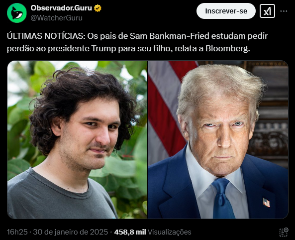 O tweet informa que os pais de Sam Bankman-Fried, cofundador da FTX, estão considerando solicitar um perdão ao ex-presidente Donald Trump, após ele ser condenado a 25 anos de prisão por fraude, conforme reportado pela Bloomberg. A imagem ilustra essaNewsPhoto com retratos de Bankman-Fried, que se tornou uma figura controvérsia após o colapso da FTX, à esquerda, e Trump, à direita, que busca se posicionar em temas de clemência. Essa situação ressalta a intersecção entre justiça, política e as possíveis implicações para o futuro de Bankman-Fried, enquanto a discussão sobre sua condenação e os desdobramentos no setor de criptomoedas permanece em foco público.