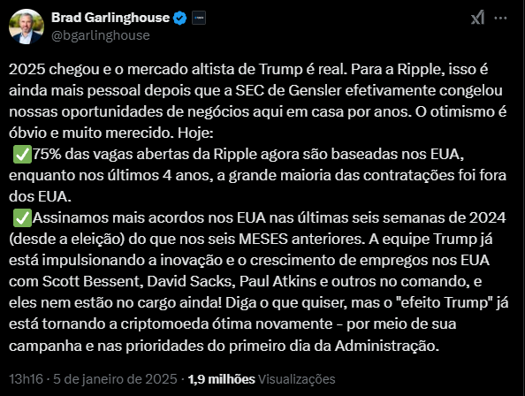 Brad Garlinghouse, CEO da Ripple, compartilha suas perspectivas otimistas para 2025 em um tweet. Ele discute como a mudança no mercado, impulsionada pela administração Trump, beneficiou a Ripple, especialmente após a SEC com a Gensler, que limitou as oportunidades anteriormente. Garlinghouse destaca que 75% das vagas abertas na Ripple agora estão nos EUA, contrastando com a maioria das contratações feitas nos últimos quatro anos. Além disso, ele revela que novos acordos foram firmados nos EUA nos últimos meses, superando os realizados nos seis meses anteriores. O tweet enfatiza a inovação e o crescimento dos empregos resultado dessa nova fase no mercado de criptomoedas, e Garlinghouse expressa entusiasmo pelo futuro.