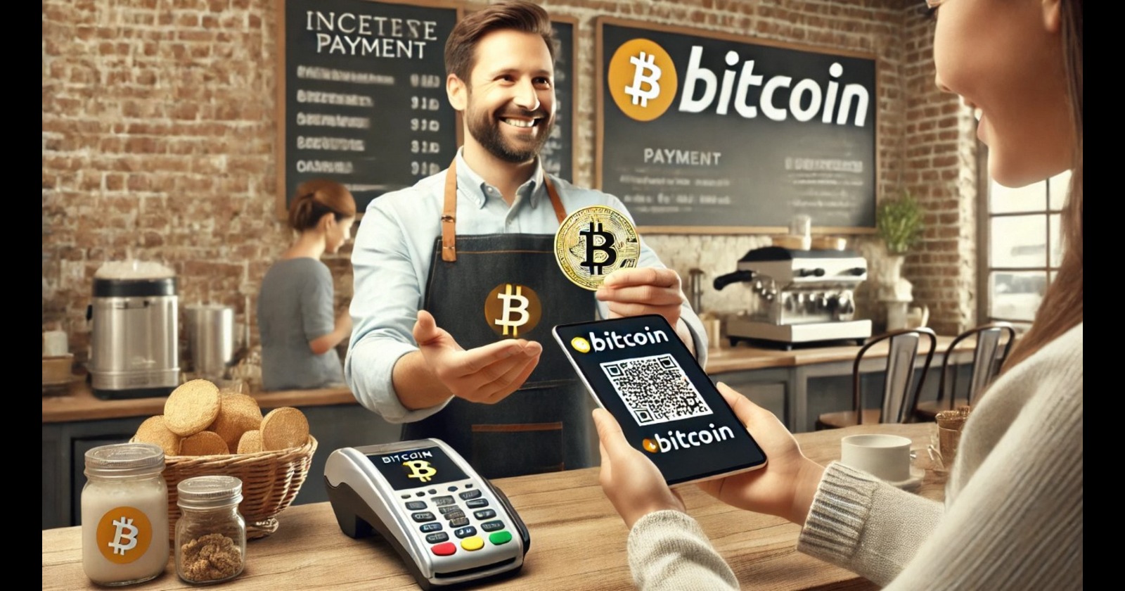 Imagem de um atendente em uma cafeteria recebendo pagamento em Bitcoin, mostrando um QR code e uma moeda Bitcoin em destaque, simbolizando a inovação das transações digitais, e da tendencia em aceitar bitcoin e cripto no negocio.