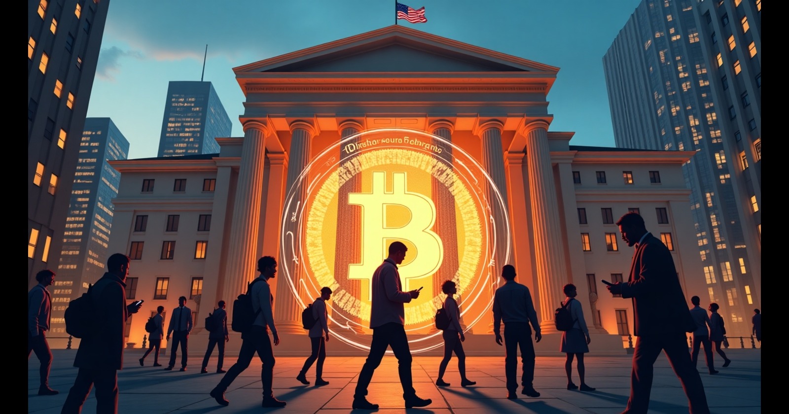 Imagem ilustrativa de pessoas em movimento em frente a um edifício que simboliza o Bank of America com um grande símbolo do Bitcoin iluminado. A cena remete à crescente importância das criptomoedas no mundo financeiro.