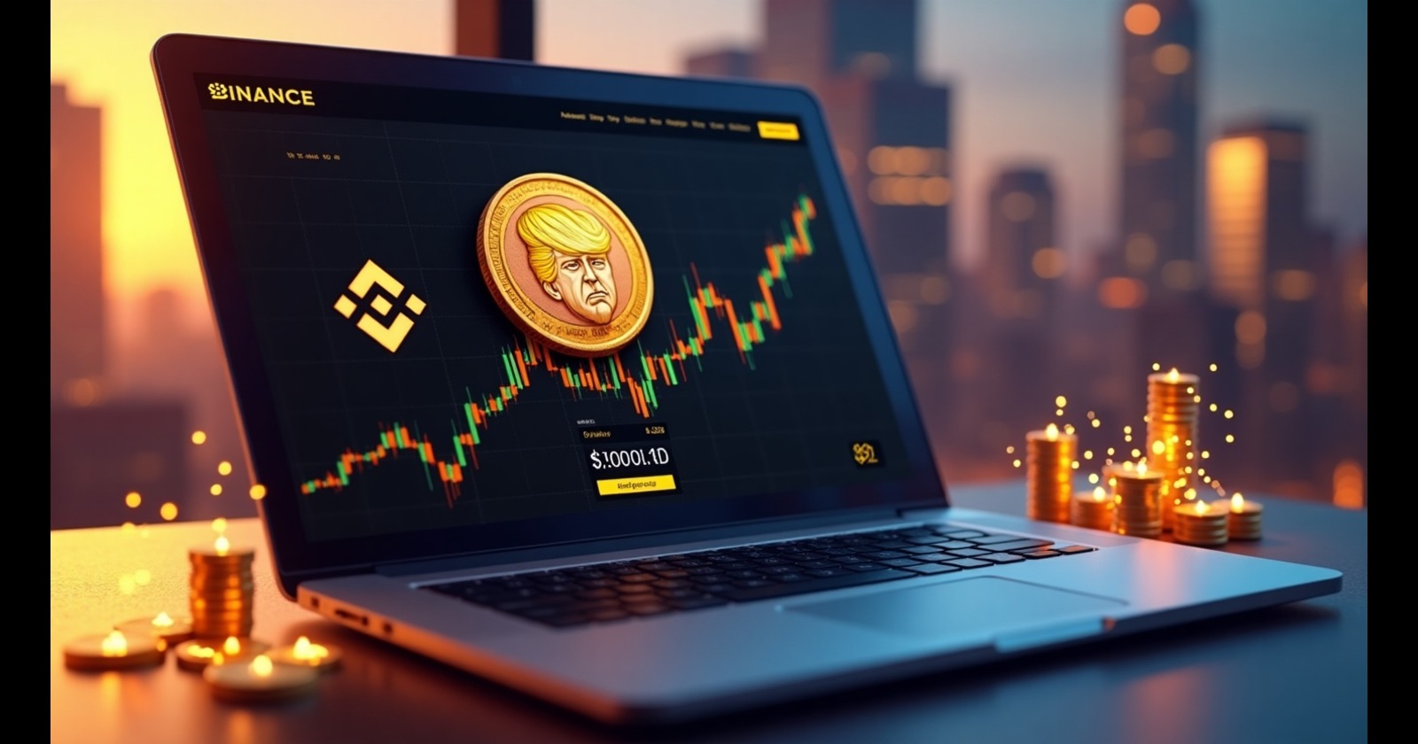 Imagem de um laptop exibindo gráficos de criptomoedas na plataforma Binance. Destaca uma moeda com a imagem de Donald Trump, simbolizando o aumento do investimento em criptomoedas.