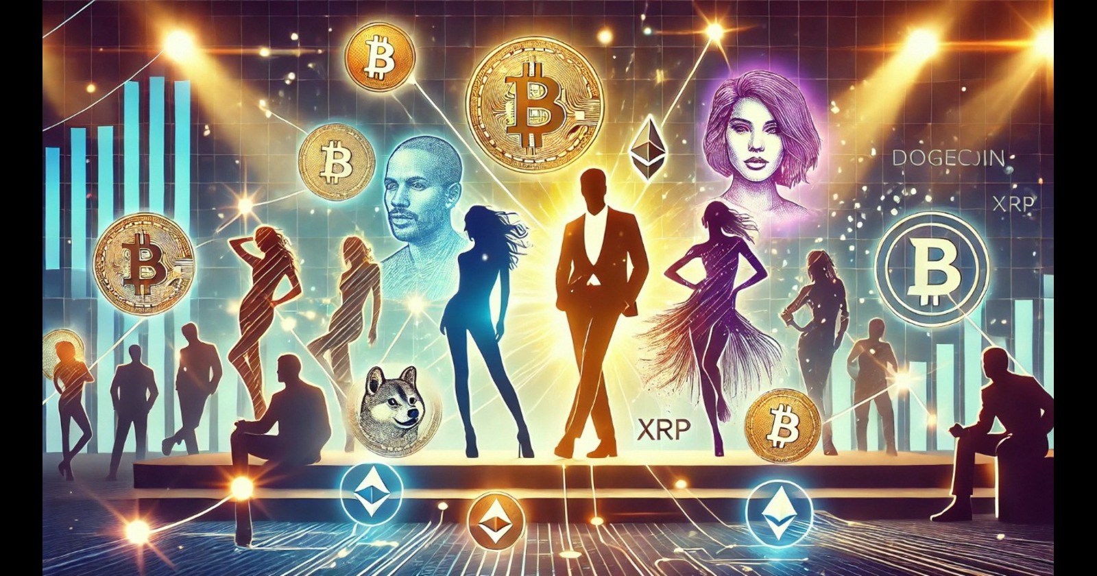 Imagem representando a celebração das criptomoedas com ícones de Bitcoin, Ethereum, Dogecoin e XRP, figuras dançando no palco em um ambiente vibrante.