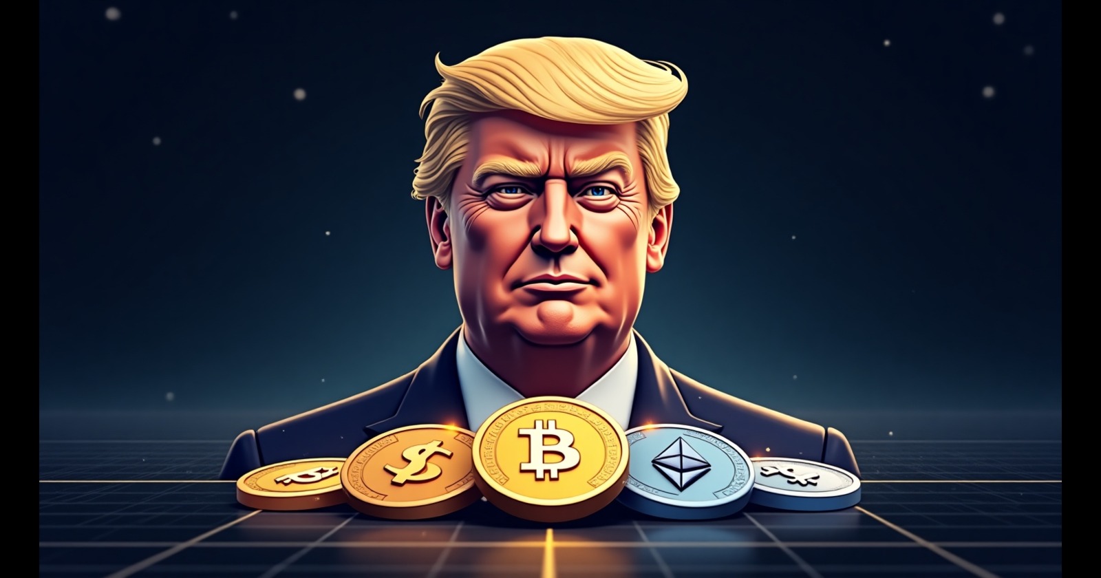 Imagem de uma figura em destaque com símbolos de criptomoedas, representando a conexão entre política e finanças digitais, nomeadamente, as melhores criptomoedas para comprar após a posse de Trump