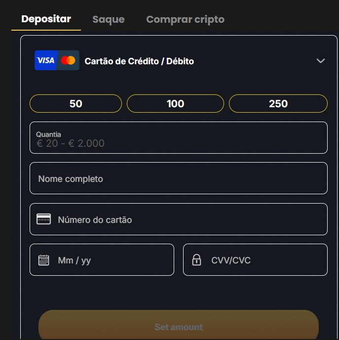 Deposito em euro com cartao de credito no Lucky Block