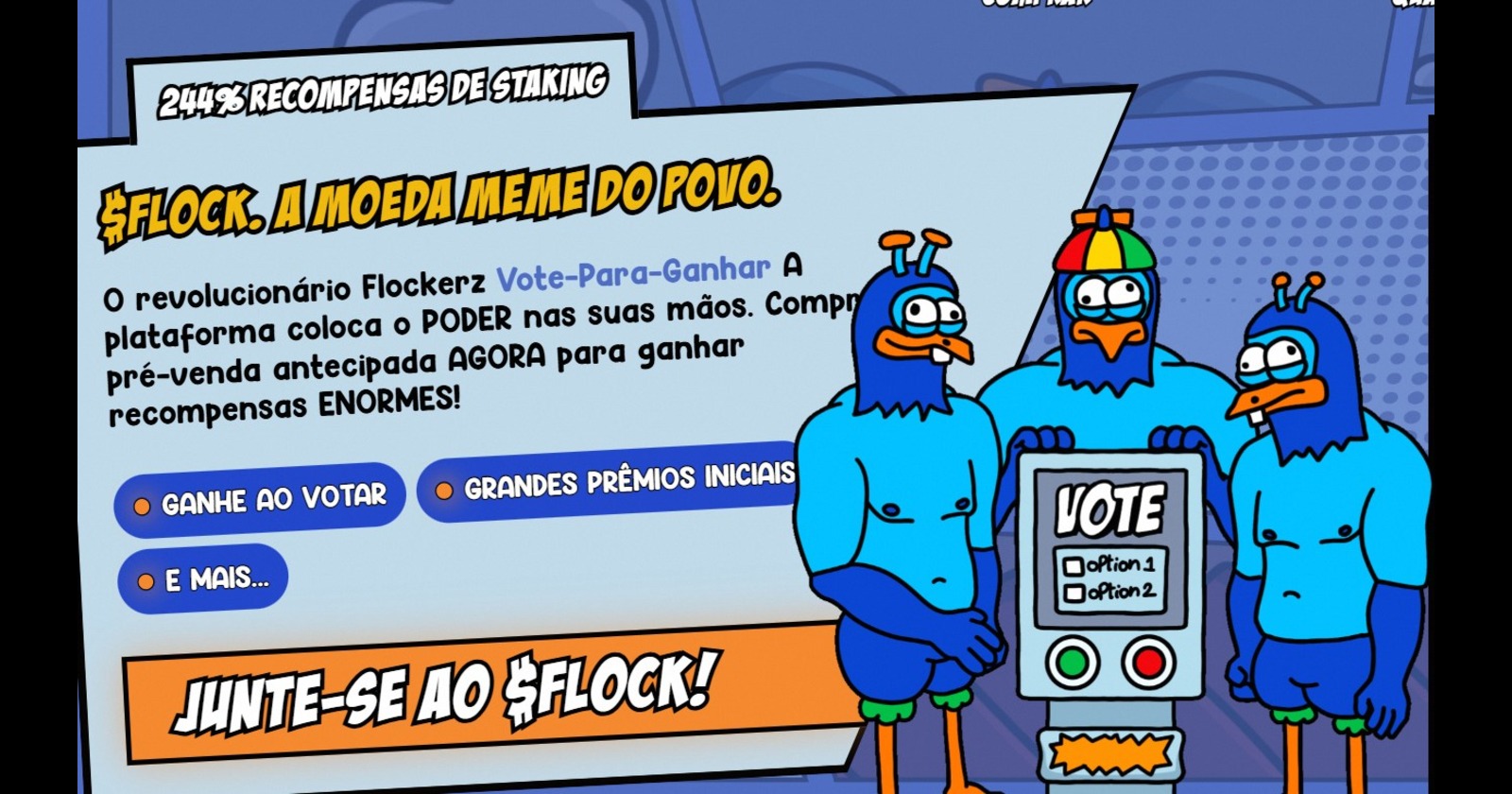 Imagem promocional da moeda meme $FLOCK, com personagens em estilo cartoon incentivando a votação e recompensas. Participe da pré-venda!